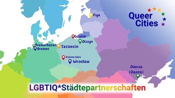 Eine Landkarte Europa mit mit markierten Partnerstädten Queer Cities. Diese sind Bremerhaven, Bremen, Szczecin, Zielona Gora, Wroclaw, Gdansk, Riga und Odessa.